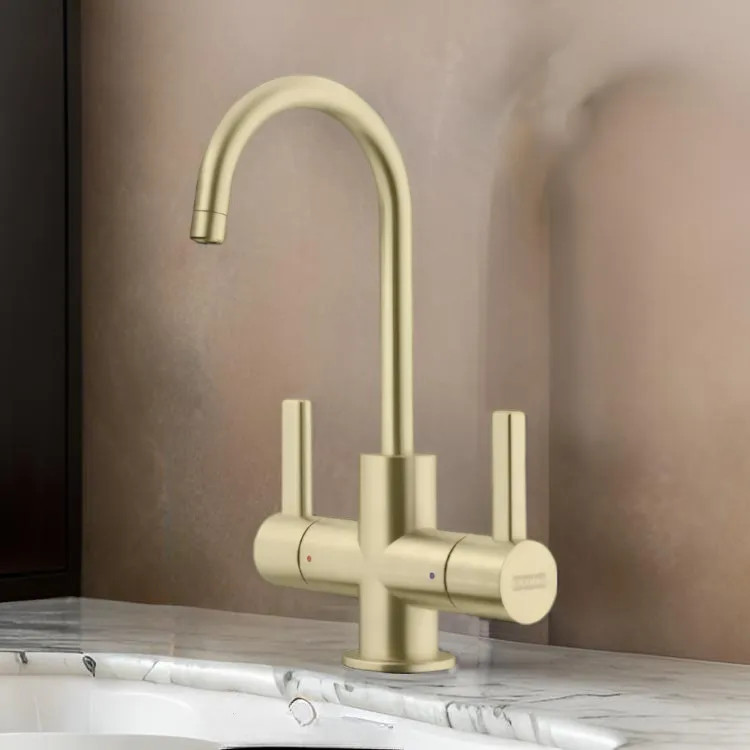 Franke Eos Neo Two-Handle Beverage Faucet for Hot and Cold Filtered Water, 1.75 GPM, Champagne Gold, EOS-HC-IBK - (120.0685.379)