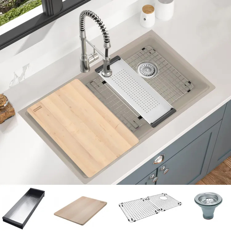 Franke Maris 33" x 19" Undermount Single-Bowl Kitchen Sink w/ Basket Strainer, Bottom Grid, Colander, and Cutting Board, Granite, Champagne - MAG11031OW-CHA-WKC (125.0672.244)
