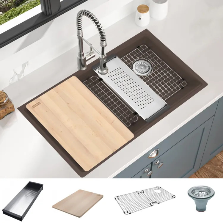 Franke Maris 33" x 19" Undermount Single-Bowl Kitchen Sink w/ Basket Strainer, Bottom Grid, Colander, and Cutting Board, Granite, Mocha - MAG11031OW-MOC-WKC (125.0688.140)