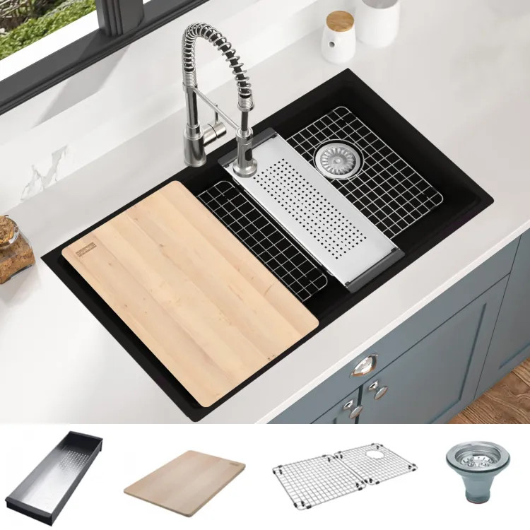 Franke Maris 33" x 19" Undermount Single-Bowl Kitchen Sink w/ Basket Strainer, Bottom Grid, Colander, and Cutting Board, Granite, Onyx - MAG11031OW-ONY-WKC (125.0672.243)