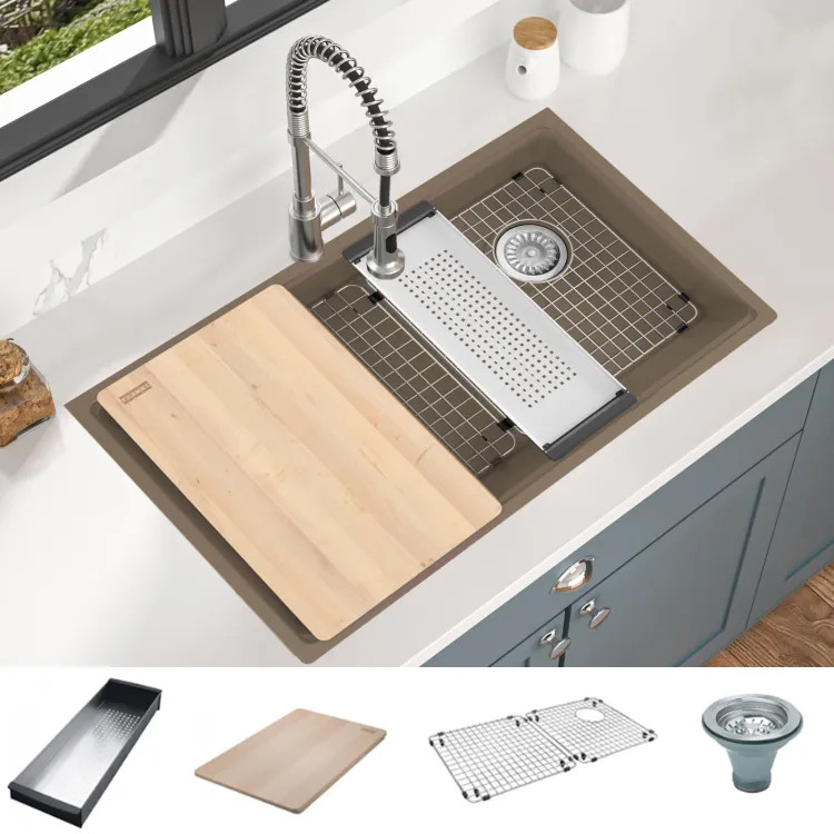 Franke Maris 33" x 19" Undermount Single-Bowl Kitchen Sink w/ Basket Strainer, Bottom Grid, Colander, and Cutting Board, Granite, Oyster - MAG11031OW-OYS-WKC (125.0672.246)