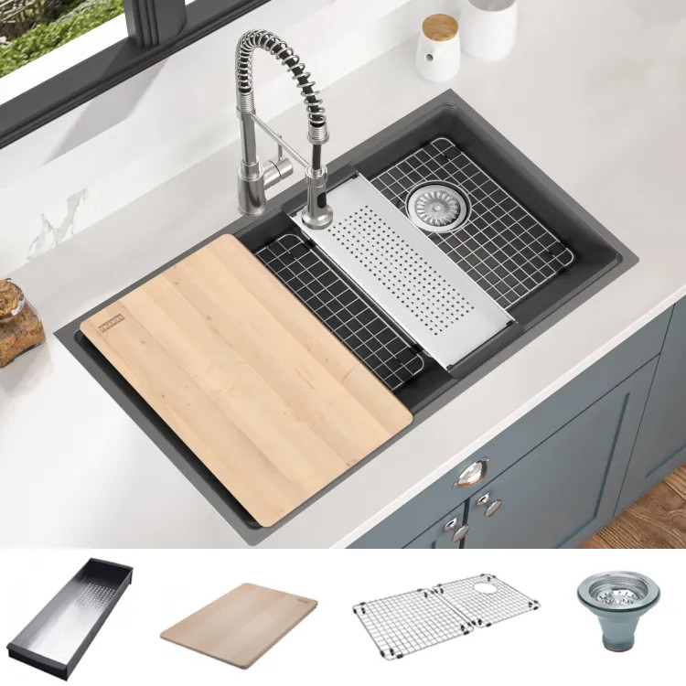 Franke Maris 33" x 19" Undermount Single-Bowl Kitchen Sink w/ Basket Strainer, Bottom Grid, Colander, and Cutting Board, Granite, Shadow Grey - MAG11031OW-SHG-WKC (125.0672.248)