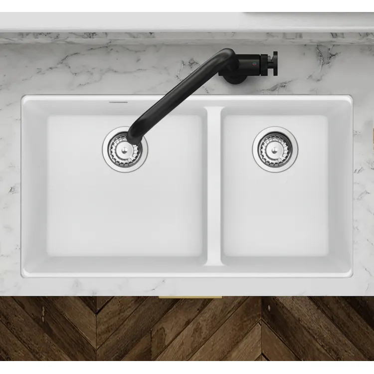 Franke Maris 33" x 19" Undermount Double-Bowl Kitchen Sink w/ Basket Strainer, Low-Divide, 60/40 Split, Granite, Polar White - MAG1601812LD-PWT-S (125.0687.146)