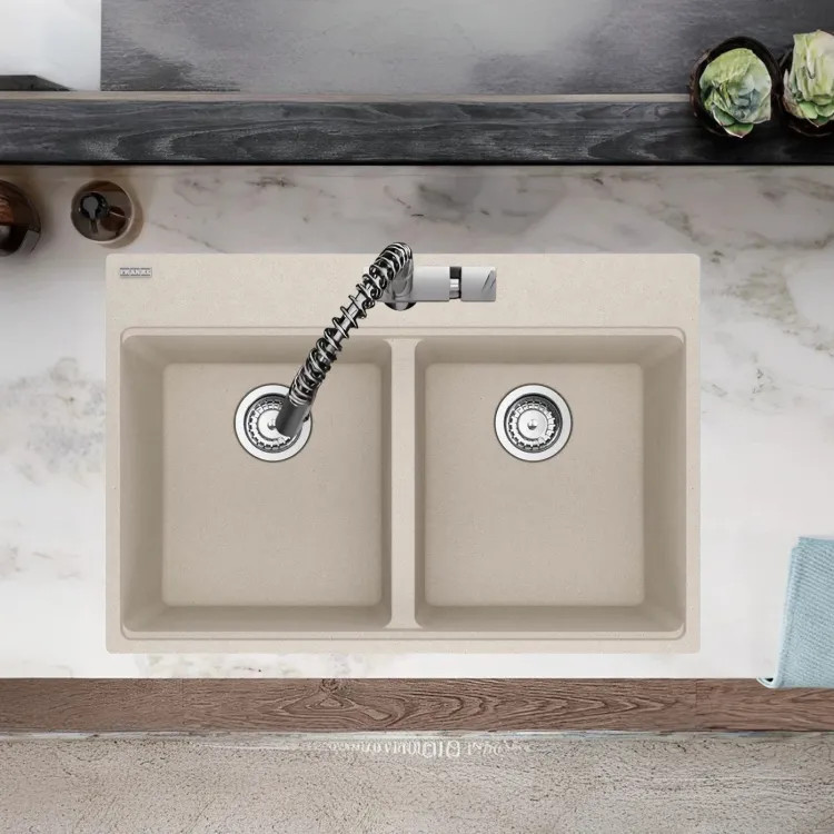 Franke Maris 33" x 22" Drop-in Double Bowl Kitchen Sink w/ Basket Strainer, 50/50 Split, 7 Holes, Granite, Champagne - MAG6201515-CHA-S (114.0687.127)