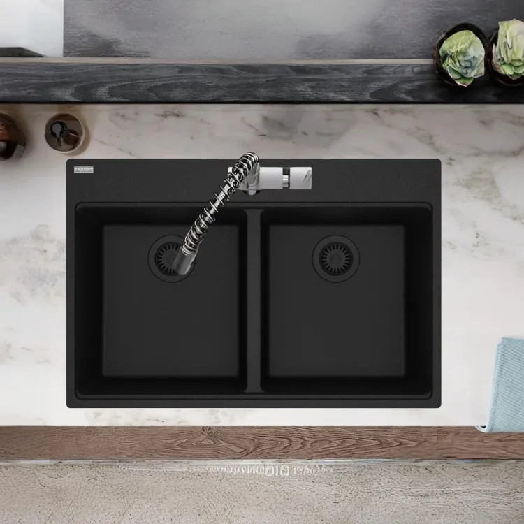 Franke Maris 33" x 22" Drop-in Double Bowl Kitchen Sink, 50/50 Split, 7 Holes, Granite, Onyx - MAG6201515-ONY (114.0686.997)