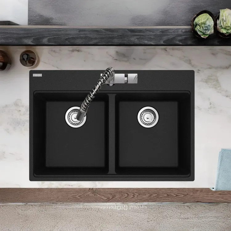 Franke Maris 33" x 22" Drop-in Double Bowl Kitchen Sink w/ Basket Strainer, 50/50 Split, 7 Holes, Granite, Onyx - MAG6201515-ONY-S (114.0687.130)