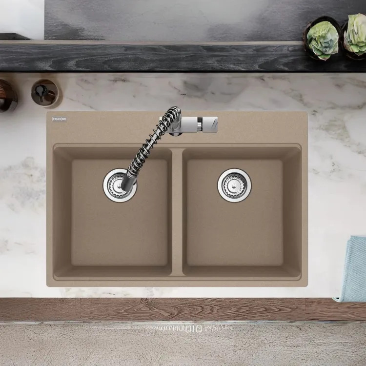 Franke Maris 33" x 22" Drop-in Double Bowl Kitchen Sink w/ Basket Strainer, 50/50 Split, 7 Holes, Granite, Oyster - MAG6201515-OYS-S (114.0687.131)