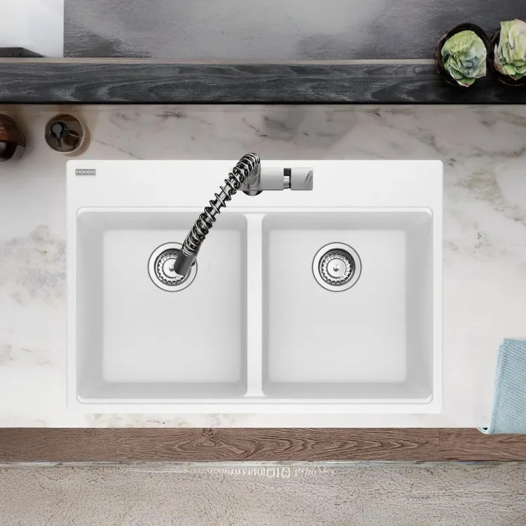 Franke Maris 33" x 22" Drop-in Double Bowl Kitchen Sink w/ Basket Strainer, 50/50 Split, 7 Holes, Granite, Polar White - MAG6201515-PWT-S (114.0687.132)