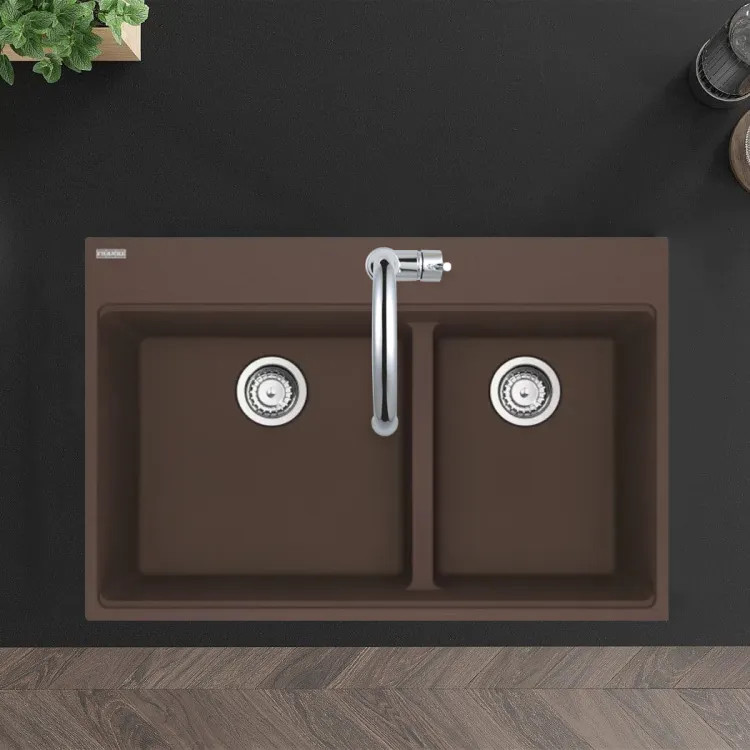 Franke Maris 33" x 22" Drop-in Double Bowl Kitchen Sink w/ Basket Stainer, Low-Divide, 60/40 Split, 5 Holes Granite, Mocha - MAG6601812LD-MOC-S (114.0687.150)