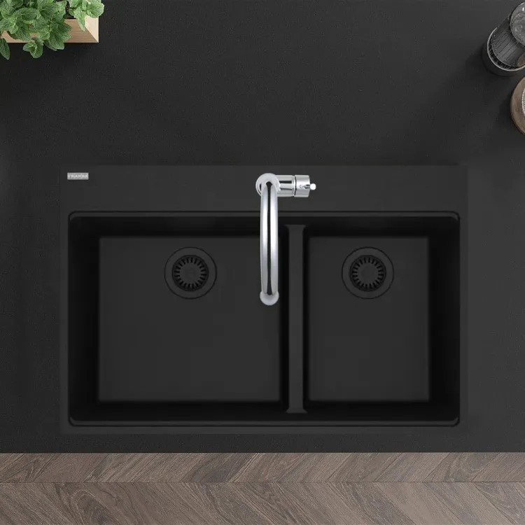 Franke Maris 33" x 22" Drop-in Double Bowl Kitchen Sink, Low-Divide, 60/40 Split, 5 Holes, Granite, Onyx - MAG6601812LD-ONY (114.0687.011)