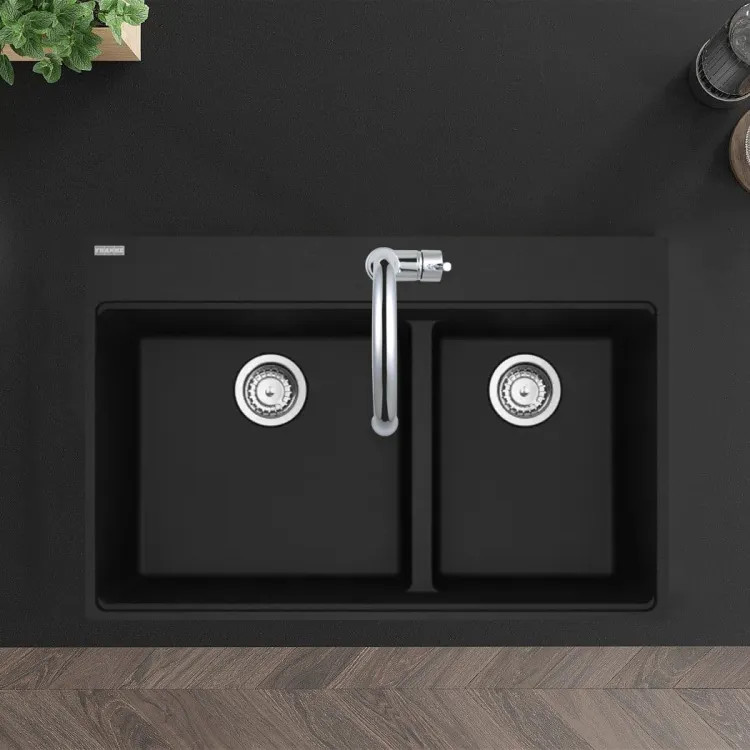 Franke Maris 33" x 22" Drop-in Double Bowl Kitchen Sink w/ Basket Stainer, Low-Divide, 60/40 Split, 5 Holes, Granite, Onyx - MAG6601812LD-ONY-S