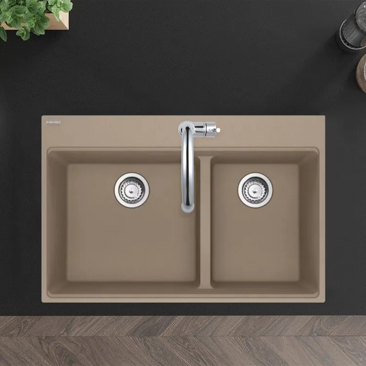Franke Maris 33" x 22" Drop-in Double Bowl Kitchen Sink w/ Basket Stainer, Low-Divide, 60/40 Split, 5 Holes, Granite, Oyster - MAG6601812LD-OYS-S (114.0687.152)