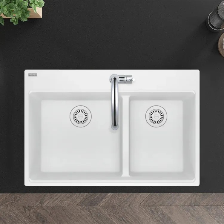 Franke Maris 33" x 22" Drop-in Double Bowl Kitchen Sink, Low-Divide, 60/40 Split, 5 Holes, Granite, Polar White - MAG6601812LD-PWT (114.0687.013)