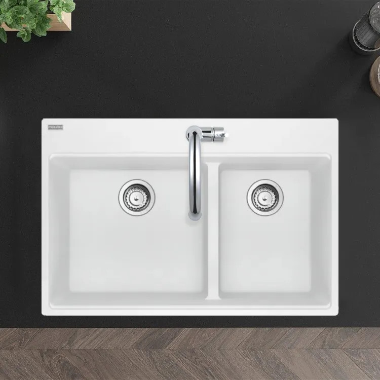 Franke Maris 33" x 22" Drop-in Double Bowl Kitchen Sink w/ Basket Stainer, Low-Divide, 60/40 Split, 5 Holes, Granite, Polar White - MAG6601812LD-PWT-S (114.0687.153)