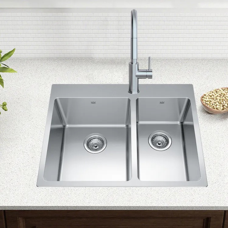 Franke Brookmore 27" x 21" Drop-In Double-Bowl Stainless Steel Kitchen Sink, 70/30 Split, Single Hole, Stainless Steel - BCL2127R-9-1N (101.0636.943)