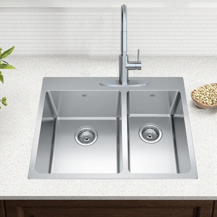 Franke Brookmore 27" x 21" Drop-In Double-Bowl Stainless Steel Kitchen Sink, 70/30 Split, Three Hole, Stainless Steel - BCL2127R-9-3N (101.0636.945)