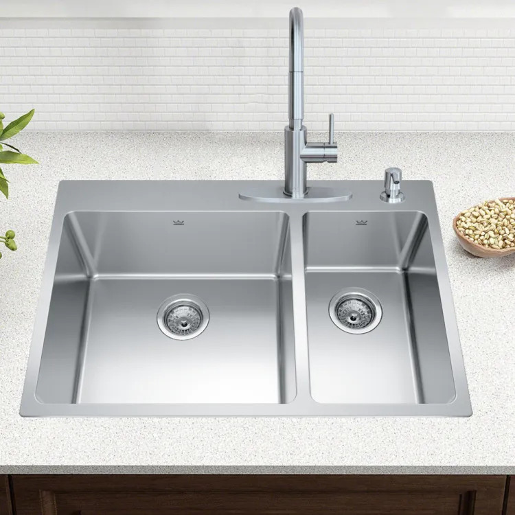 Franke Brookmore 30-7/8" x 20-7/8" Drop-In Double-Bowl Stainless Steel Kitchen Sink, 70/30 Split, Four Hole, Stainless Steel - BCL2131R-9-4N (101.0636.953)