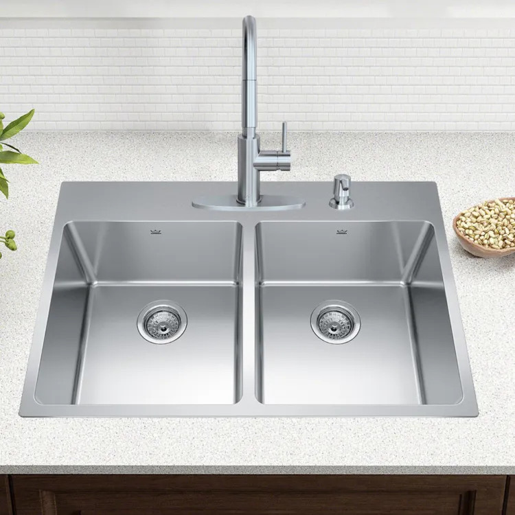 Franke Brookmore 33" x 22" Drop-In Double-Bowl Kitchen Sink, 4 Hole, Stainless Steel - BDL2233-9-4N (101.0637.024)