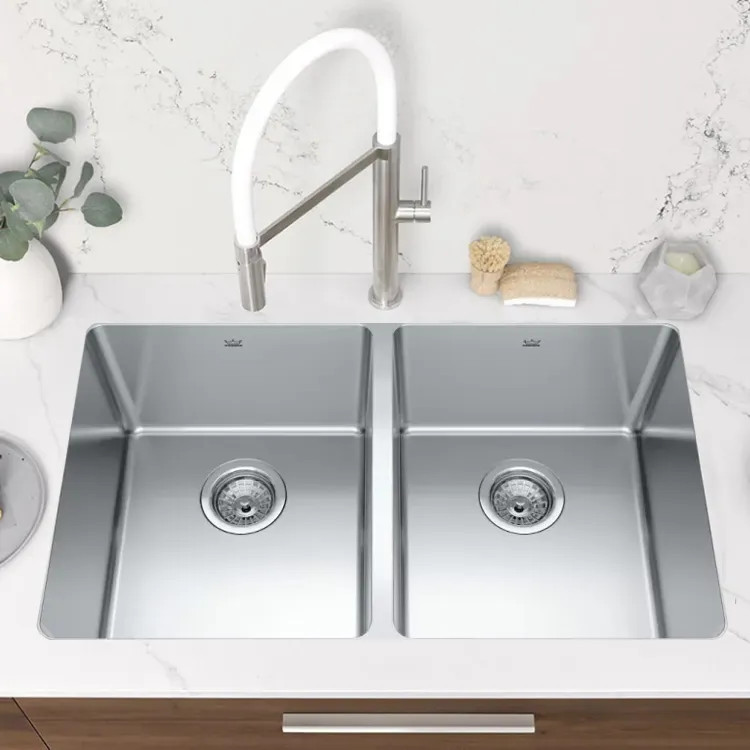 Franke Brookmore 30-1/2" x 18-1/8" Undermount Double-Bowl Kitchen Sink, 50/50 Split, Stainless Steel, Pearl - BDU1831-9N (122.0637.634)