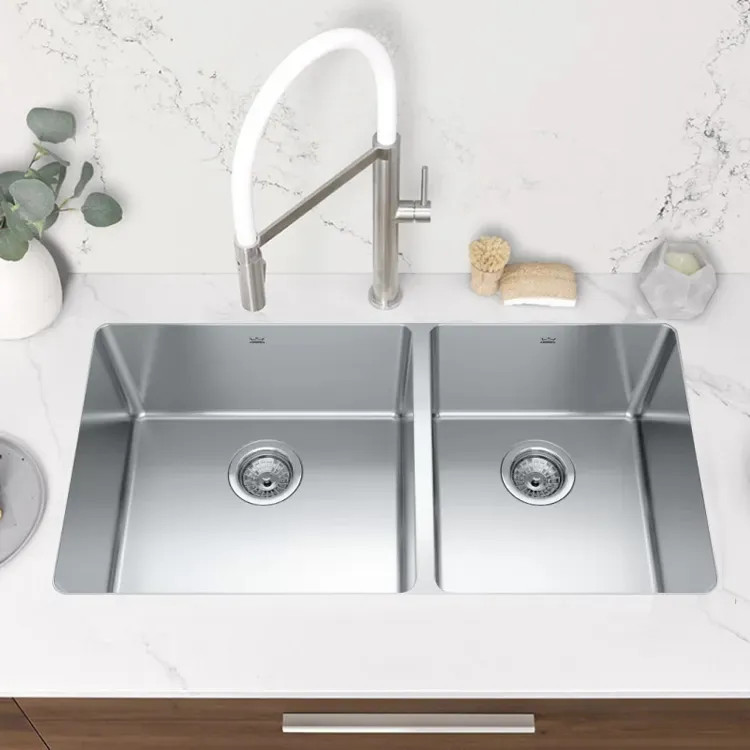 Franke Brookmore 34-1/2" x 18-1/8" Undermount Double-Bowl Kitchen Sink, 60/40 Split, Stainless Steel, Pearl - BCU1835R-9N (122.0638.274)