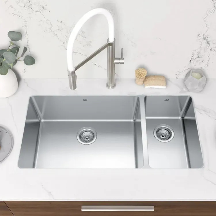 Franke Brookmore 35-9/16" x 18-1/8" Undermount Double-Bowl Bar/Preparation Sink, 70/30 Split, Stainless Steel, Pearl - BCU1836R-9N (122.0638.275)