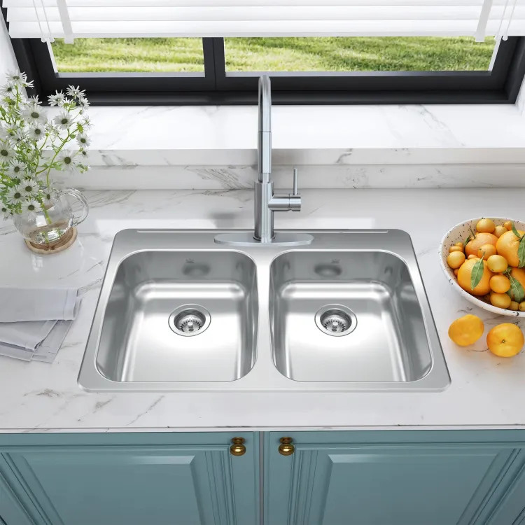 Franke Reginox 33" x 22" Drop-In Double-Bowl Kitchen Sink, Stainless Steel, Silk - RDLA3322-55-1N (101.0643.200)