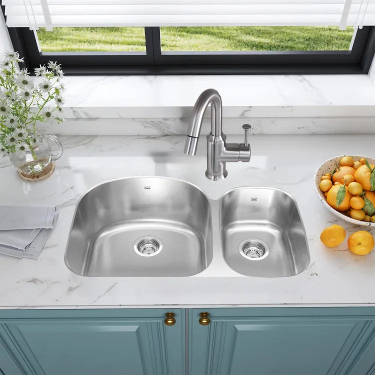 Franke Reginox 31-1/8" x 20-1/4" Undermount Double-Bowl Kitchen Sink, Stainless Steel, Silk - NDCX2132RU-9N
