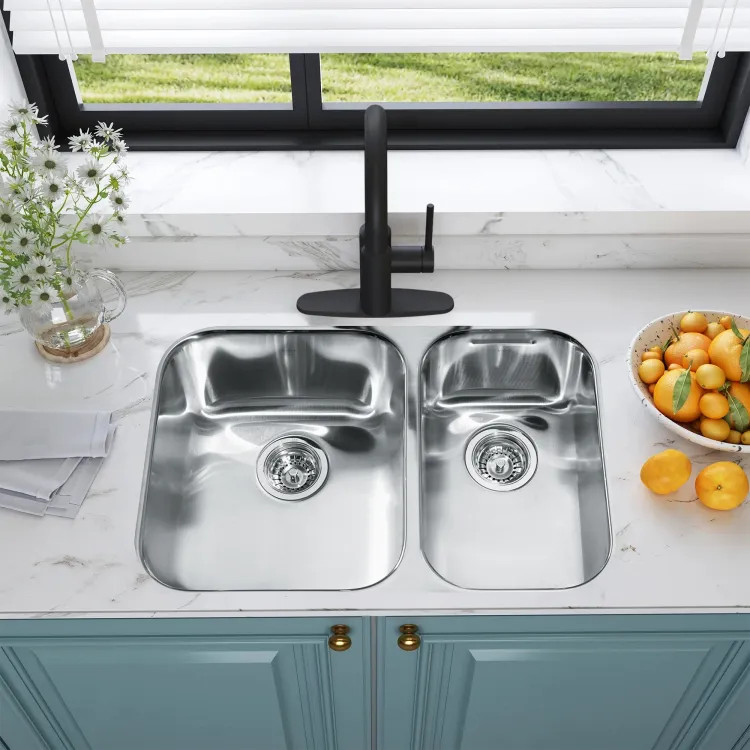 Franke Reginox 26-7/8" x 17-3/4" Undermount Double-Bowl Kitchen Sink, Stainless Steel, Silk - NDC1827RU-9N (122.0484.876)