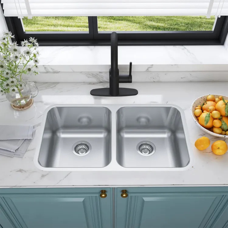 Franke Reginox 30-7/8" x 17-3/4" Undermount Double-Bowl Kitchen Sink, Stainless Steel, Silk - ND1831UA-9N (122.0620.108)