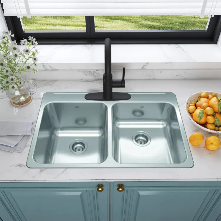 Franke Steel Queen 33-1/4" x 22" Drop-In Double-Bowl Kitchen Sink, 3 Holes, Stainless Steel, Satin - QDLA3322R-10-3N