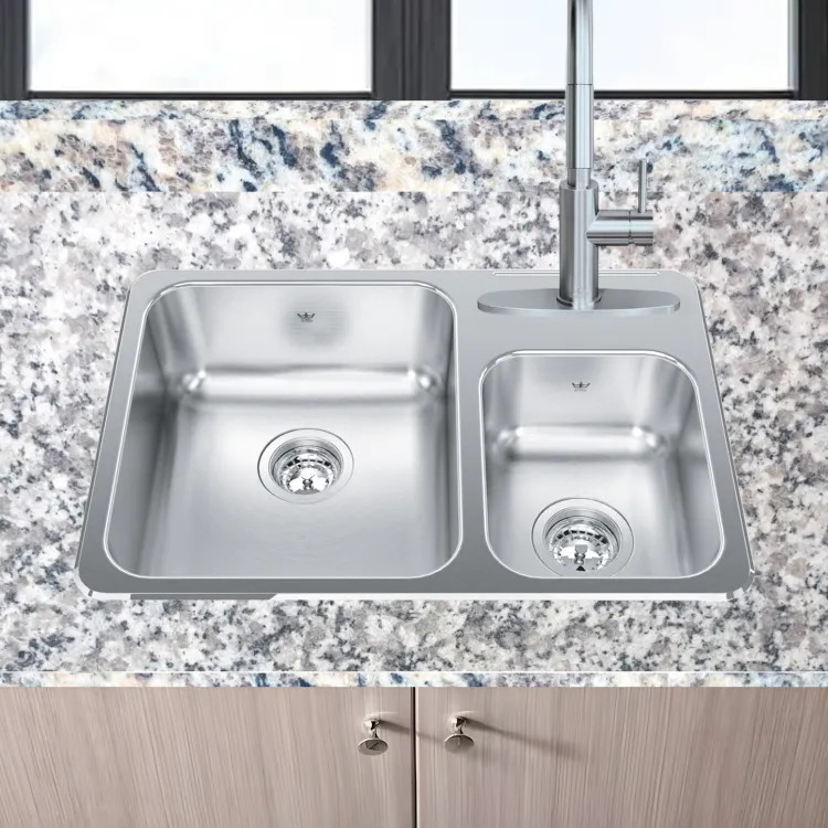 Franke Steel Queen 26-1/2" x 18" Drop-in Double-Bowl Kitchen Sink, 3 Holes, 70/30 Split, Stainless Steel - QCMA1826-7-3N (101.0620.233)