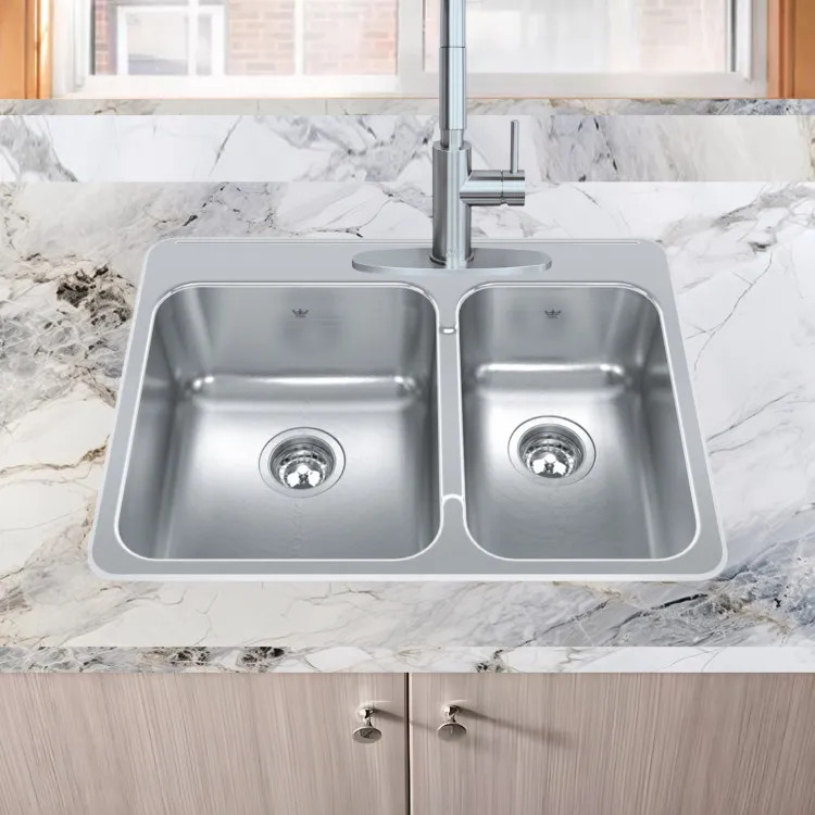 Franke Steel Queen 27-1/4" x 20-1/2" Drop-in Double-Bowl Kitchen Sink, 3 Holes, 60/40 Split, Stainless Steel - QCLA2027R-8-3N (101.0620.239)