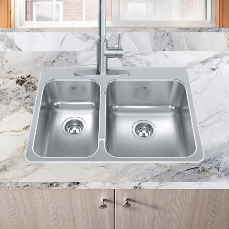 Franke Steel Queen 27-1/4" x 20-1/2" Drop-in Double-Bowl Kitchen Sink, 3 Holes, 40/60 Split, Stainless Steel - QCLA2027L-8-3N (101.0620.241)