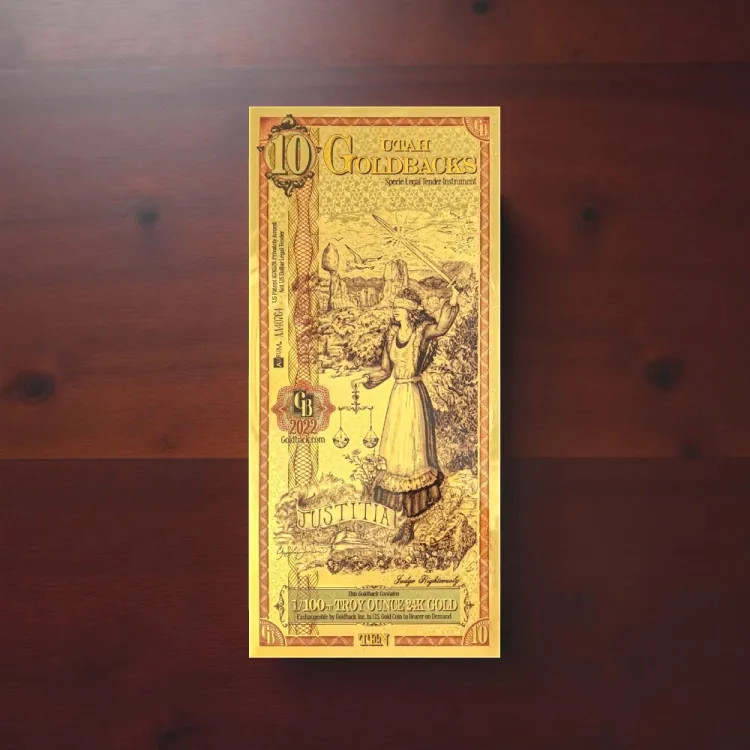 Goldback 10 Bill - Utah, Justitia, 1/100th Troy Oz .9999 Gold-Minted Bill