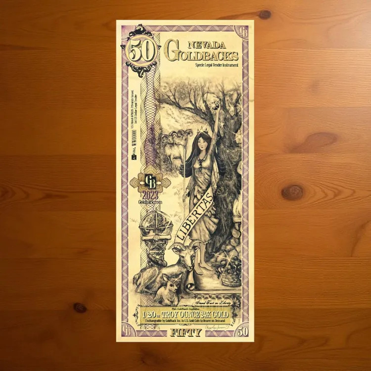 Goldback 50 Bill - Nevada, Libertas - 1/20th Troy Oz .9999 Gold-Minted Bill