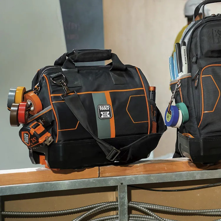 Klein MODbox Tool Bag with 28 Pockets and Headlamp Bracket, 1680D Ballistic Weave, Black/Orange - 62203MB