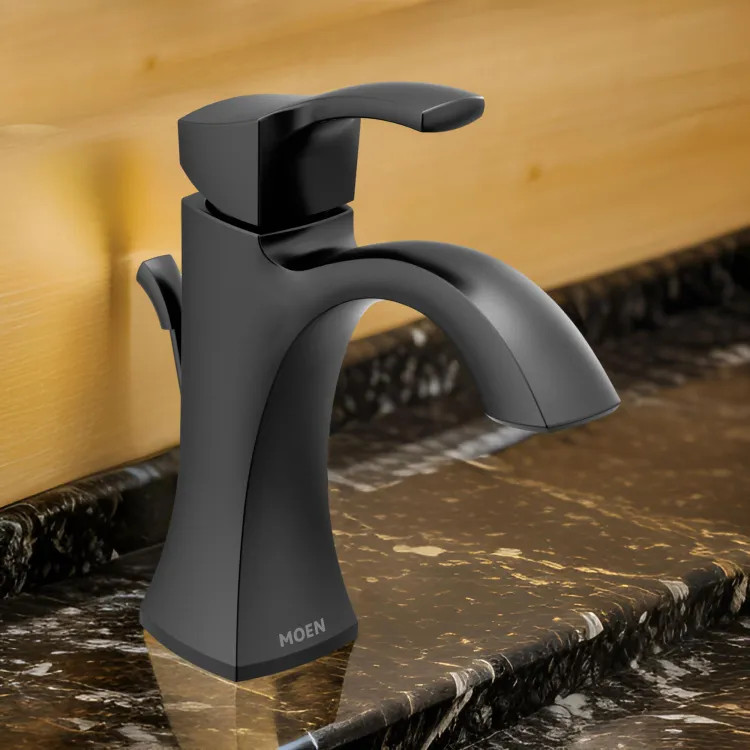 Moen Voss Single-Handle High Arc Matte Black Bathroom Faucet with Escutcheon and Metal Pop-Up Drain, 1.2 GPM, Single-Hole - 6903BL
