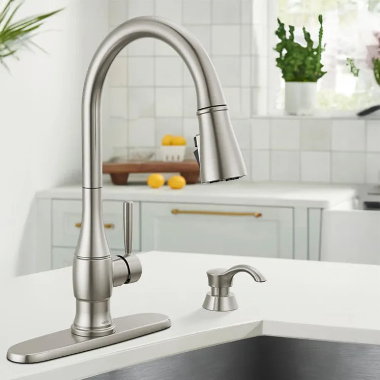 Delta Hazelwood Pull-Down Kitchen Faucet with Soap Dispenser, ShieldSpray,Diamond Seal, MagnaTite, ADA, Spotshield Stainless - 19831Z-SPSD-DST