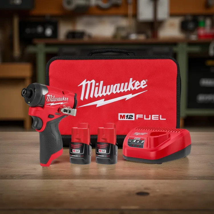 Milwaukee M12 FUEL 12V Lithium-Ion Brushless Cordless 1/4" Hex Impact Driver Kit with (2) 2.0Ah Batteries, Charger, and Contractor Bag - 3453-22
