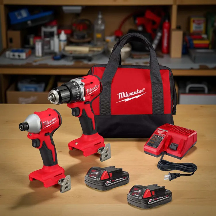 Milwaukee M18 Compact Brushless 1/2" Hammer Drill/Driver and 1/4" Hex Impact Driver with (2) REDLITHIUM CP2.0 Batteries, (1) Multi-Volt Charger, and (1) Contractor Bag - 3610-259