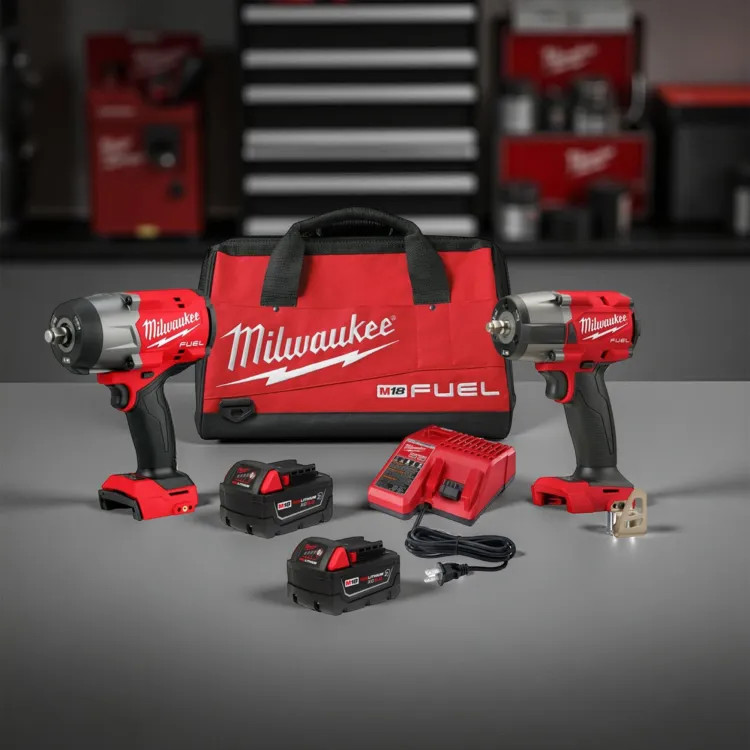Milwaukee M18 FUEL 1/2" HTIW & 3/8" MTIW Automotive Combo Kit with Friction Ring, (2) XC5.0 Resistant Battery, Multi-Voltage Charger, and Contractor Bag - 3010-22