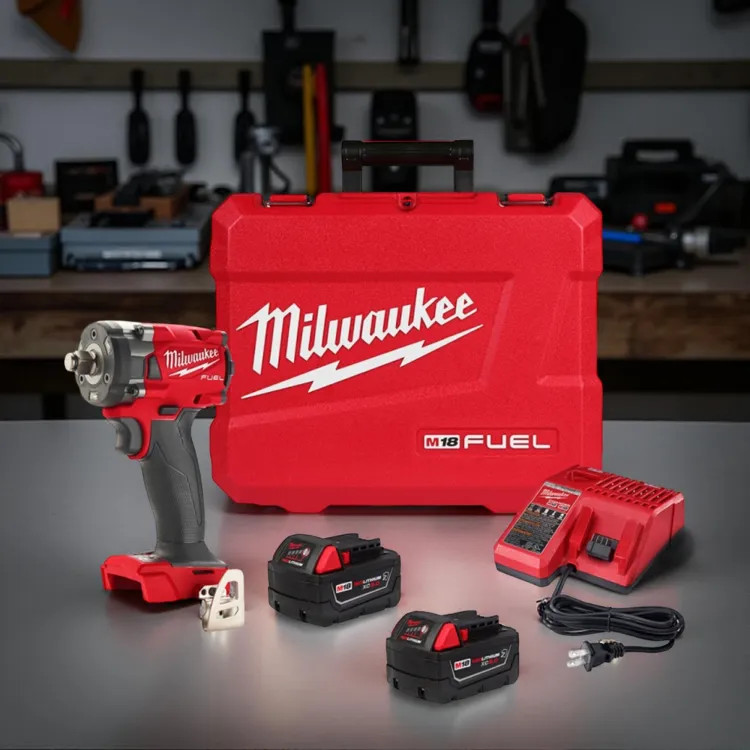 Milwaukee M18 FUEL 1/2" Compact Impact Wrench with Friction Ring Kit, (2) XC5.0 Resistant Battery, Multi-Voltage Charger, and Blow Molded Case - 2855-22R