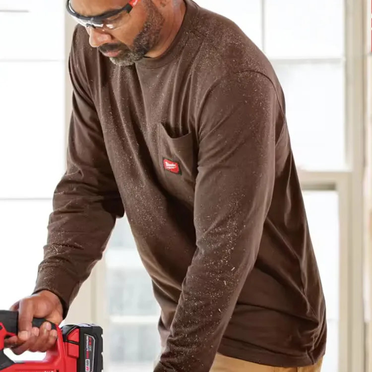 Milwaukee 2XL Men's Brown GRIDIRON Cotton/Polyester Long-Sleeve Pocket T-Shirt - 606BR-2X 