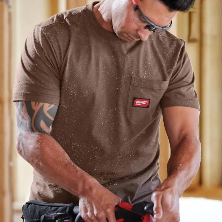 Milwaukee Large Men's Brown GRIDIRON Cotton/Polyester Short-Sleeve Pocket T-Shirt - 605BR-L 