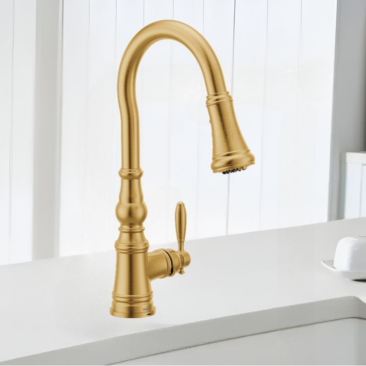 Moen Weymouth Brushed Gold Single-Handle High-Arc Pull-Down Kitchen Sink Faucet, WaterSense, PowerClean, ADA-Compliant, 1.5 GPM - FS73004BG