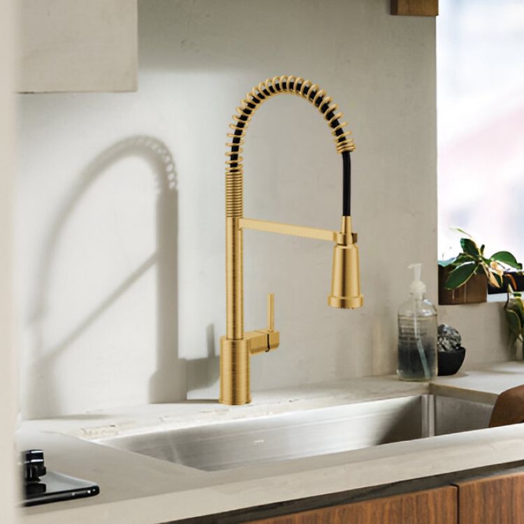 Moen Align Brushed Gold Single-Handle High-Arc Semi-Pro Pulldown Kitchen Faucet with 3-Water Filter Function Spray Wand, WaterSense, PowerClean, ADA-Compliant, 1.5 GPM - F5923BG