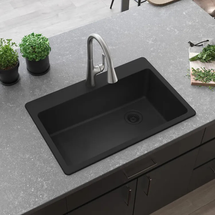 Elkay Quartz Classic 33" x 22" Single Bowl, Drop In Sink with Rear Right Drain and Mounting Hardware, Matte Black - ELG13322MB0