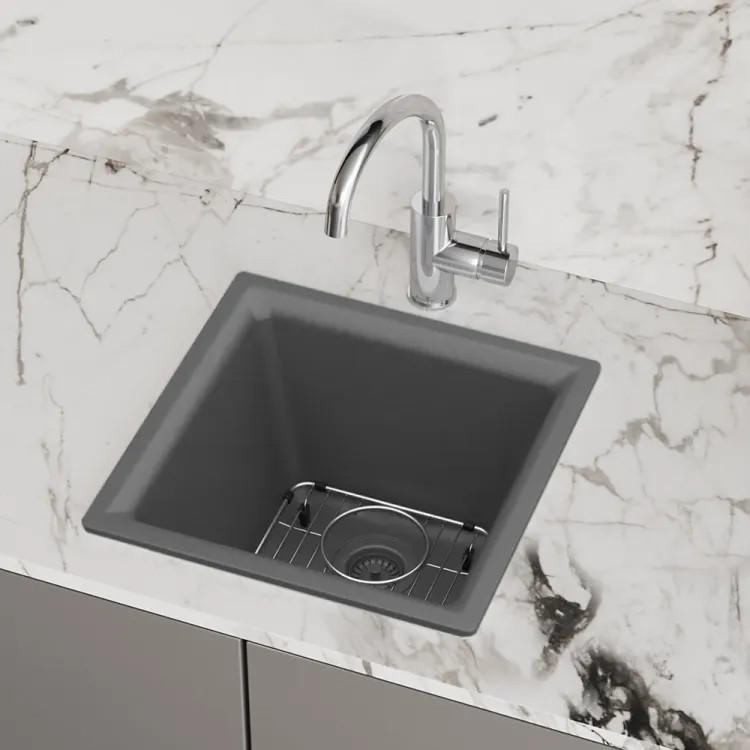 Elkay Quartz Classic Dual Mount Single Bowl Bar Sink Kit with Bottom Grid, Drain, and Cleaning Kit, Graphite - ELG1616GT0C