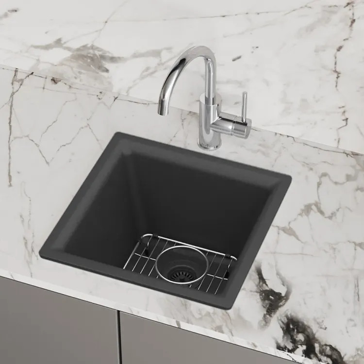 Elkay Quartz Classic Dual Mount Single Bowl Bar Sink Kit with Bottom Grid, Drain, and Cleaning Kit, Matte Black - ELG1616MB0C