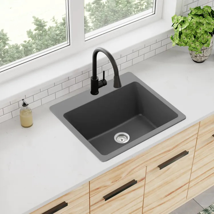 Elkay Quartz Classic 25" x 22" x 9-1/2" Single Bowl Drop-in Kitchen Sink with Rear Center Drain, Graphite - ELG2522GT0
